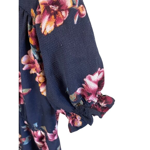 Xhilaration Navy Floral V Neck Faux Wrap Ruffle Hem Knee Length Dress Sz XS - Picture 6 of 11
